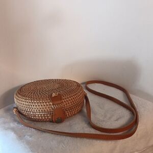 Round Rattan Woven Tan Crossbody Bag With Tropical Lining